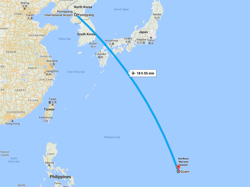 Map showing that any launch of a missile from North Korea towards Guam would have to travel over Japanese airspace (Google Maps)
